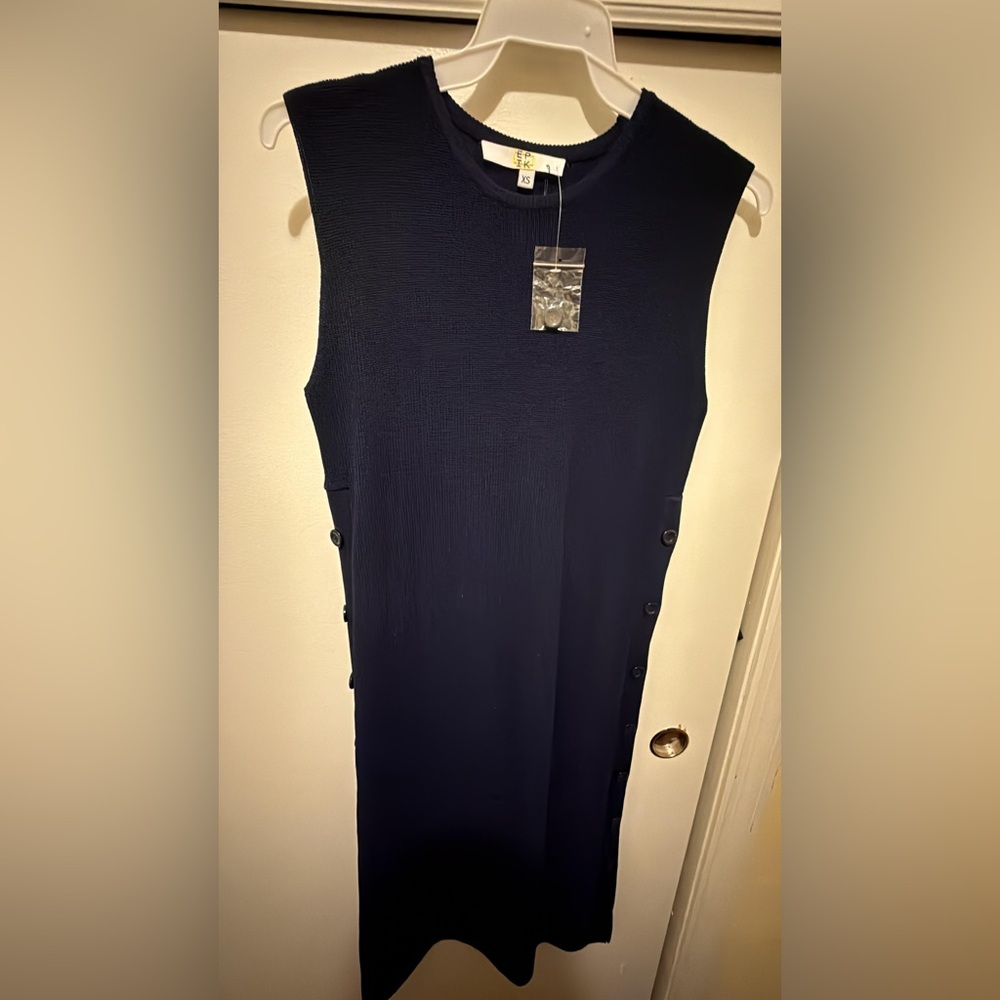 Sleeveless Navy Button-Side Dress